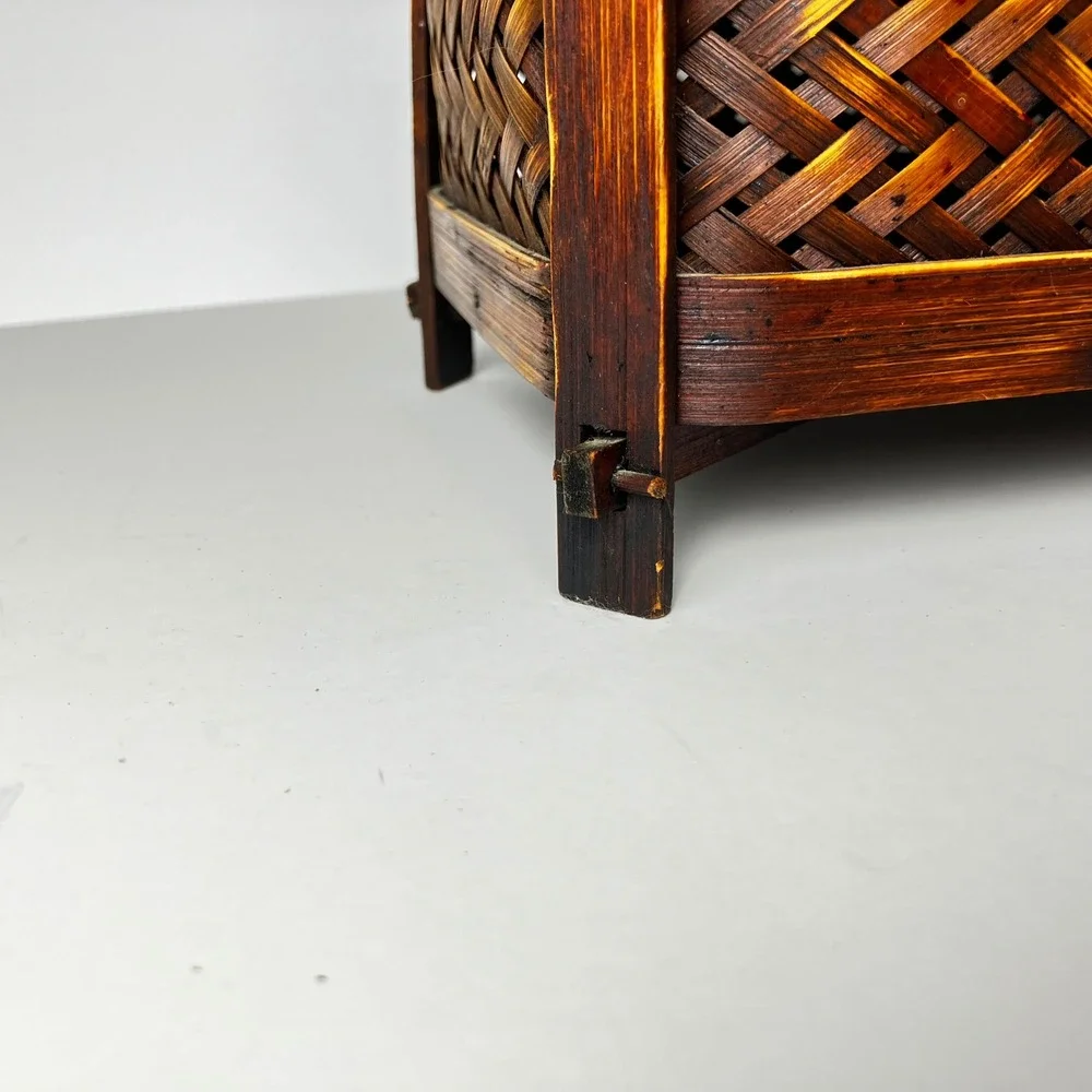 Vintage Storage Chest Brown Footed Keepsake Box Decor Handcrafted Woven Bamboo